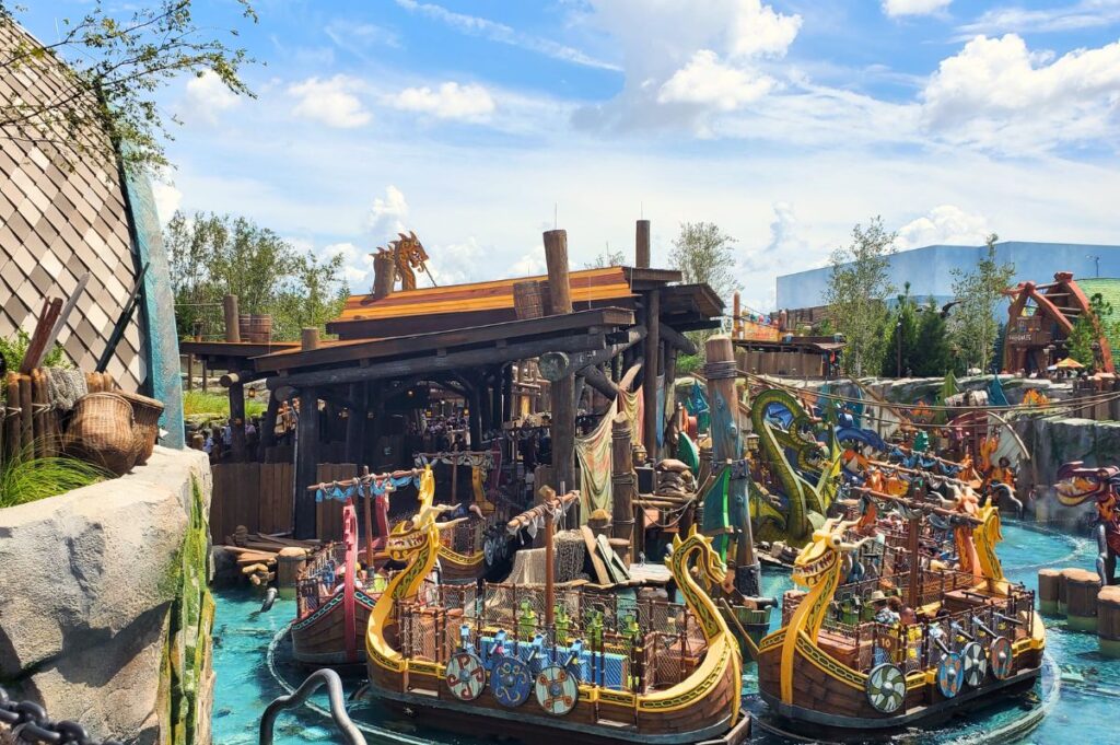 Fyre Drill water ride with boats at Epic Universe