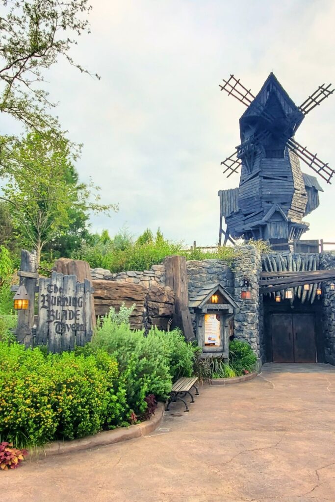 outside The burning blade tavern restaurant with a windmill